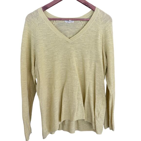 Eileen Fisher Linen Waffle Sweater XL V Neck Yellow Organic Boho Lagenlook - Picture 2 of 6
